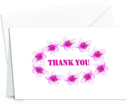 Thank You Cards Set - Perfect Gift for Anniversary, Graduations, Weddings - 50 Amazing 4x7 Inches of White Note Cards with Blank Greeting Space - Envelopes Included - Classic Dark Pink Roses Design