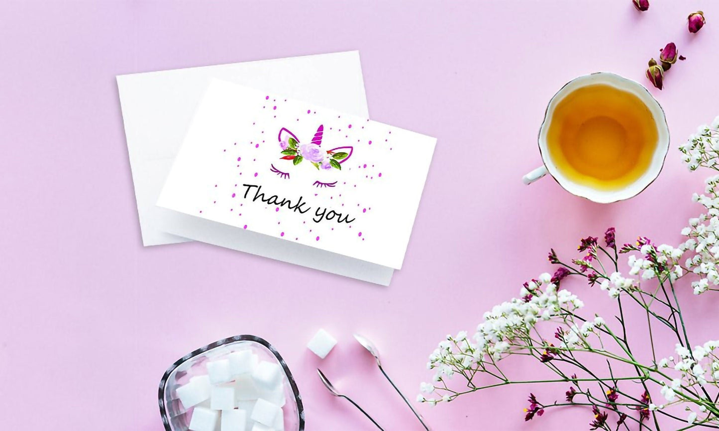 Unicorn Thank You Cards - 4 x 7 Inches of 50 Blank Note Cards with Envelopes - Perfect for Kids and Birthday Parties, Write Happy Gift Notes for Baby, Graduation, Wedding - Magical Pink Unicorn Design