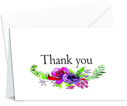 Amazing Thank You Cards with Envelopes - 4 x 7 Inches of 50 White Card Notes with Blank Greeting Space - Perfect Gift for Business, Anniversary, Graduation, Weddings - Colorful Charming Floral Design