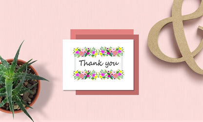 Thank You Cards Set - Perfect for Business, Anniversary, Graduations, Weddings - 4 x 7 Inches of 50 Amazing White Note Cards with Blank Greeting Space and Envelopes - Exquisite Vibrant Floral Design