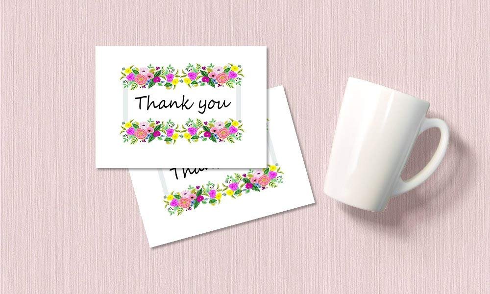 Thank You Cards Set - Perfect for Business, Anniversary, Graduations, Weddings - 4 x 7 Inches of 50 Amazing White Note Cards with Blank Greeting Space and Envelopes - Exquisite Vibrant Floral Design