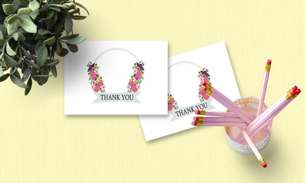 Thank You Cards with Envelopes - Perfect for Business, Anniversary, Graduation, Weddings etc - 4 x 7 Inches of 50 Amazing White Note Cards with Blank Greeting Space - Assorted Vibrant Floral Design