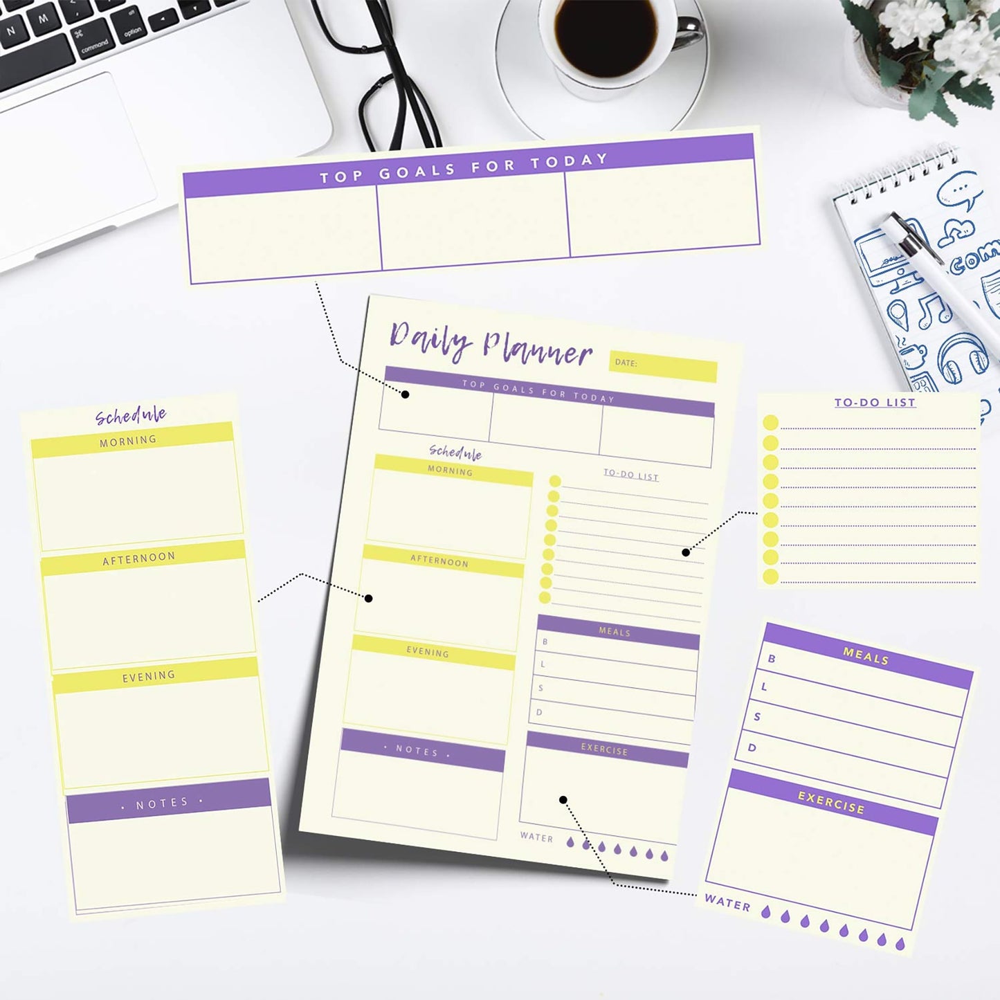 Daily Planner - 50 Sheets of 8.5x11 Inches Undated Checklist Organizer Tear-Off Pads with Field Task Notes- For Home-Work Journal, Personal Goal, Scheduling and Planning To-Do List - Yellow and Violet