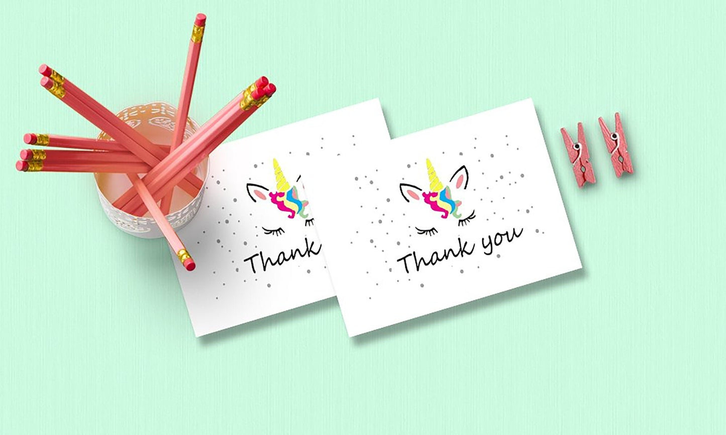 Unicorn Thank You Cards - 4x7 Inches of 50 Blank Card Notes with Envelopes - Perfect for Gift-Greeting Cards for Kids and Birthday Party, Baby Shower, Graduation, Wedding - Yellow Unicorn Horn Design