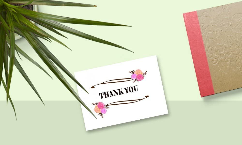 Thank You Cards - 4 x 7 Inches of 50 Amazing White Note Cards with Blank Greeting Space - Perfect for Business, Anniversary, Graduations, Weddings - Envelopes Included - Pink Blooming Floral Design