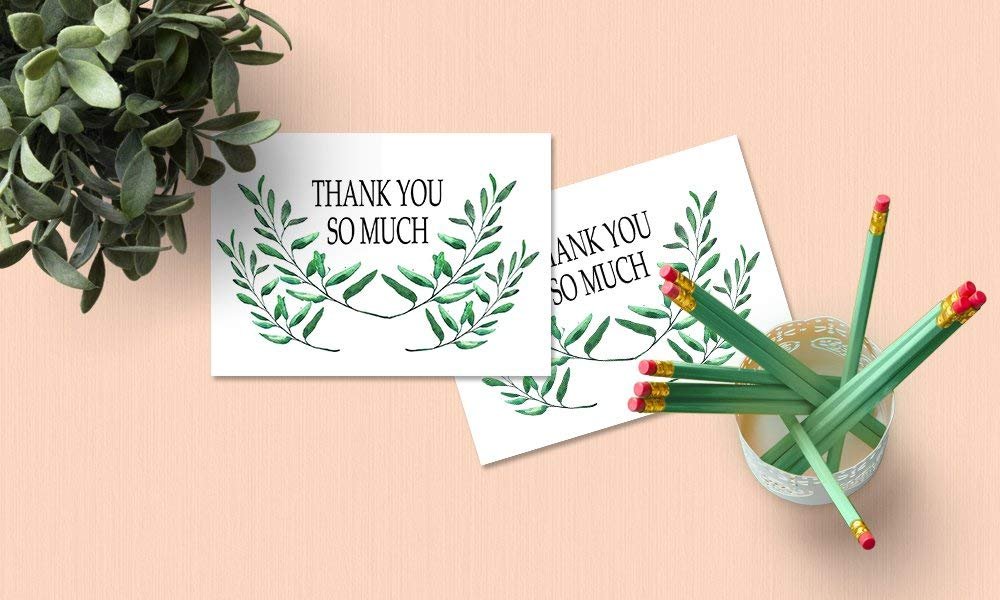 Thank You Cards with Envelopes - 50 Sets of 4x7 Inches Amazing White Blank Note Cards - Perfect for Invitation Letter, Greetings, Announcements for Business, Anniversary etc - Curve-Shaped Leaf Design