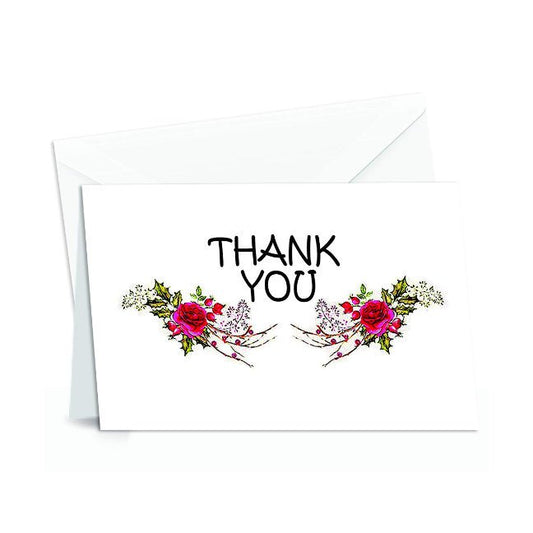 Thank You Cards Set - 4 x 7 Inches of 50 Amazing White Note Cards with Blank Greeting Space - Perfect for Business, Anniversary, Graduations, Weddings - Envelopes Included - Glowing Red Rose Design