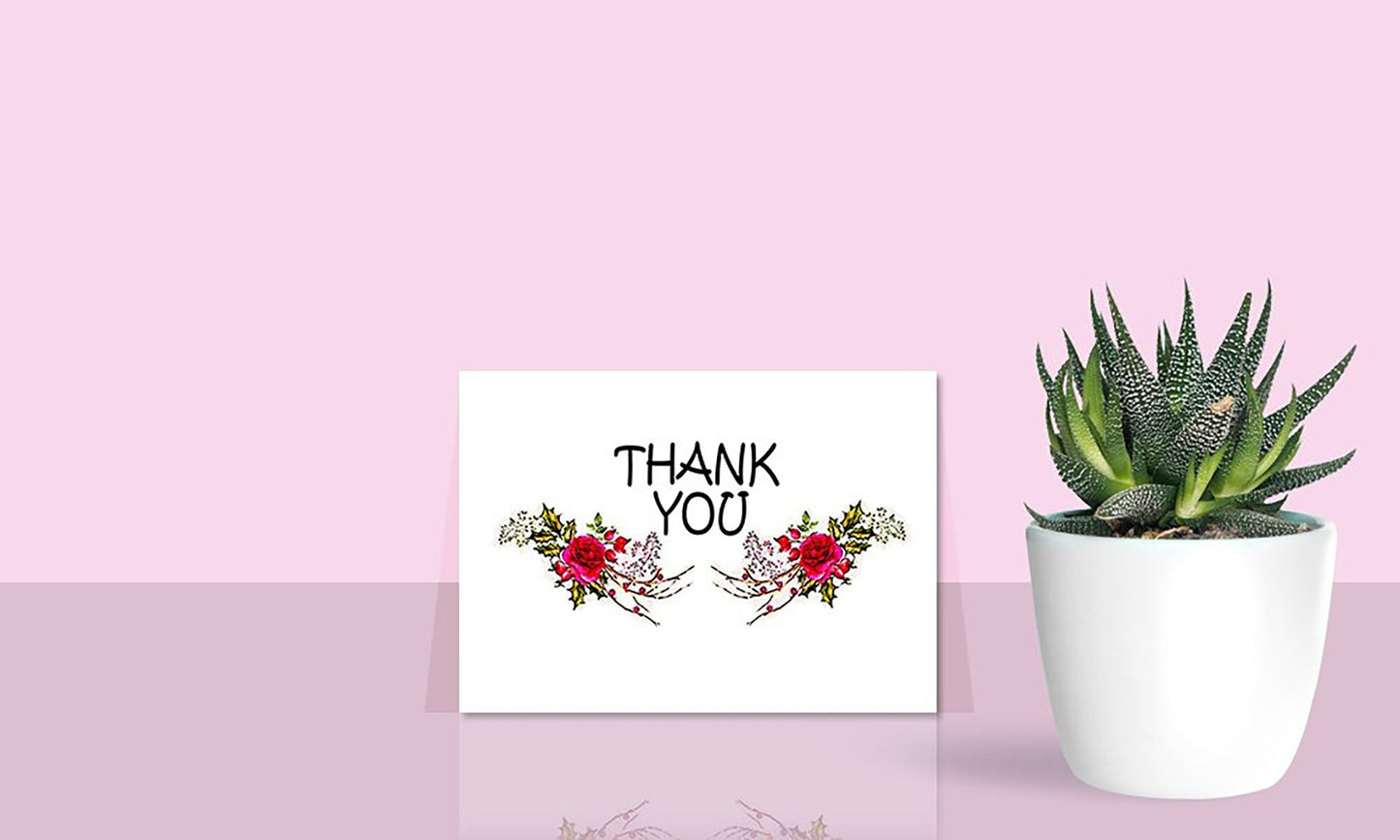 Thank You Cards Set - 4 x 7 Inches of 50 Amazing White Note Cards with Blank Greeting Space - Perfect for Business, Anniversary, Graduations, Weddings - Envelopes Included - Glowing Red Rose Design