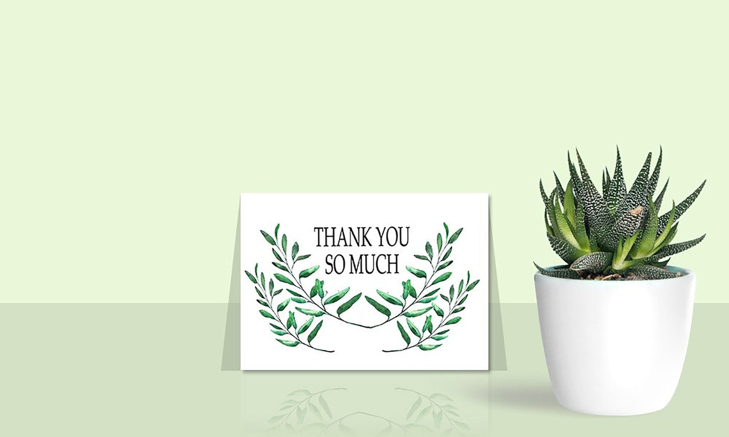 Thank You Cards with Envelopes - 50 Sets of 4x7 Inches Amazing White Blank Note Cards - Perfect for Invitation Letter, Greetings, Announcements for Business, Anniversary etc - Curve-Shaped Leaf Design