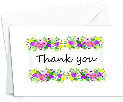 Thank You Cards Set - Perfect for Business, Anniversary, Graduations, Weddings - 4 x 7 Inches of 50 Amazing White Note Cards with Blank Greeting Space and Envelopes - Exquisite Vibrant Floral Design