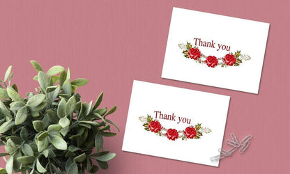 Thank You Cards Set - Perfect Gift for Anniversary, Graduations, Weddings - 50 Amazing 4x7 Inches of White Note Cards with Blank Greeting Space - Envelopes Included - Classic Dark Pink Roses Design