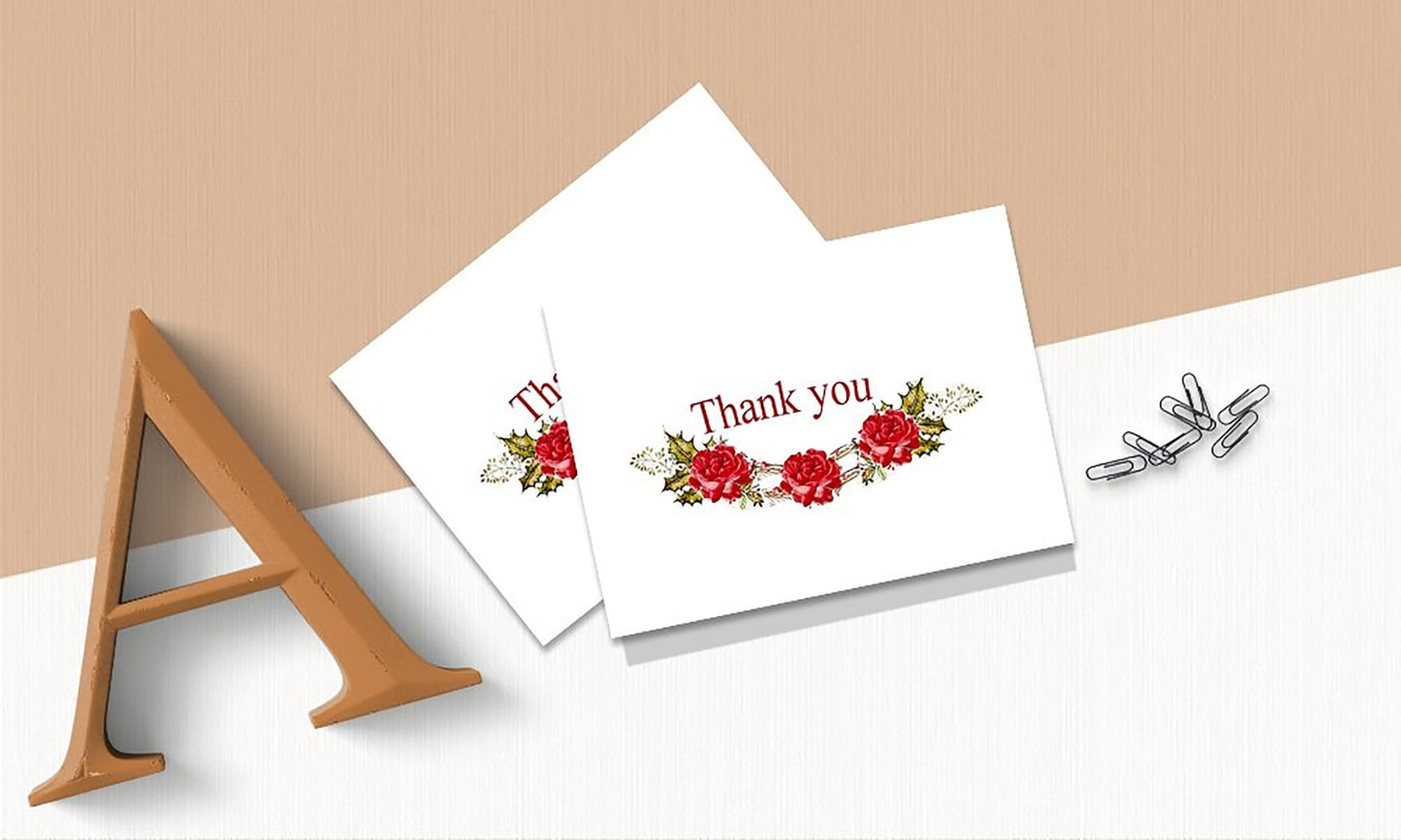 Thank You Cards Set - Perfect Gift for Anniversary, Graduations, Weddings - 50 Amazing 4x7 Inches of White Note Cards with Blank Greeting Space - Envelopes Included - Classic Dark Pink Roses Design