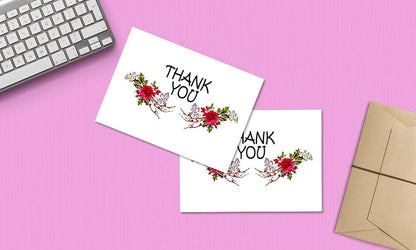 Thank You Cards Set - 4 x 7 Inches of 50 Amazing White Note Cards with Blank Greeting Space - Perfect for Business, Anniversary, Graduations, Weddings - Envelopes Included - Glowing Red Rose Design