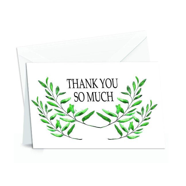 Thank You Cards with Envelopes - 50 Sets of 4x7 Inches Amazing White Blank Note Cards - Perfect for Invitation Letter, Greetings, Announcements for Business, Anniversary etc - Curve-Shaped Leaf Design