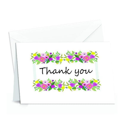 Thank You Cards Set - Perfect for Business, Anniversary, Graduations, Weddings - 4 x 7 Inches of 50 Amazing White Note Cards with Blank Greeting Space and Envelopes - Exquisite Vibrant Floral Design