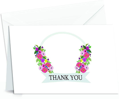 Thank You Cards with Envelopes - Perfect for Business, Anniversary, Graduation, Weddings etc - 4 x 7 Inches of 50 Amazing White Note Cards with Blank Greeting Space - Assorted Vibrant Floral Design