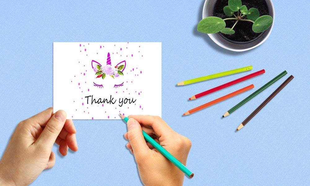 Unicorn Thank You Cards - 4 x 7 Inches of 50 Blank Note Cards with Envelopes - Perfect for Kids and Birthday Parties, Write Happy Gift Notes for Baby, Graduation, Wedding - Magical Pink Unicorn Design