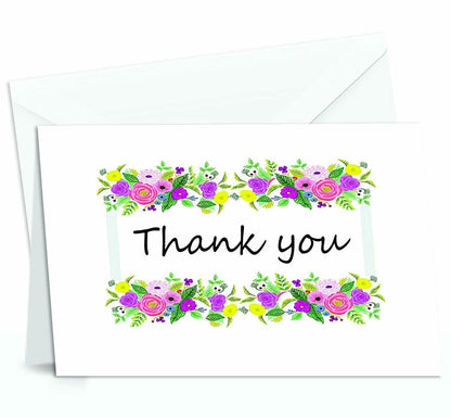 Thank You Cards Set - Perfect for Business, Anniversary, Graduations, Weddings - 4 x 7 Inches of 50 Amazing White Note Cards with Blank Greeting Space and Envelopes - Exquisite Vibrant Floral Design