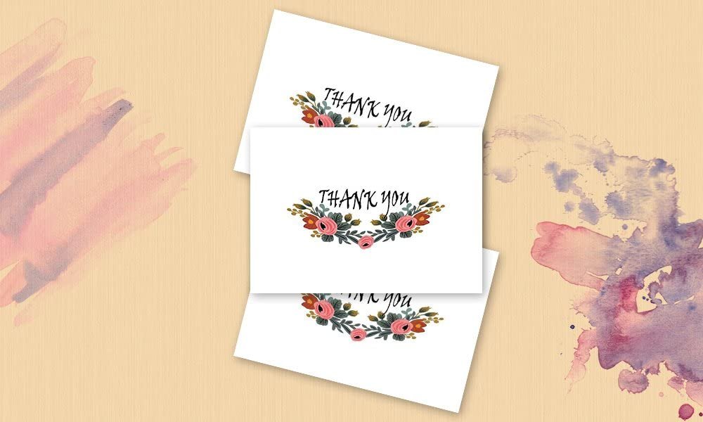 Thank You Cards Set - Perfect Gift for Anniversary, Graduations, Weddings - 50 Amazing 4x7 Inches of White Note Cards with Blank Greeting Space - Envelopes Included - Classic Dark Pink Roses Design