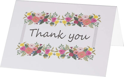 Thank You Cards Set - Perfect Gift for Anniversary, Graduations, Weddings - 50 Amazing 4x7 Inches of White Note Cards with Blank Greeting Space - Envelopes Included - Assorted Elegant Floral Design