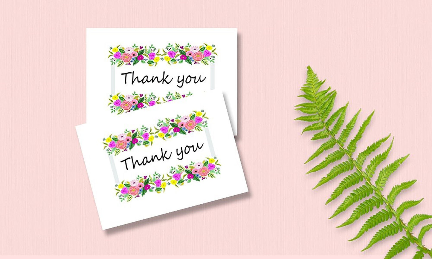 Thank You Cards Set - Perfect for Business, Anniversary, Graduations, Weddings - 4 x 7 Inches of 50 Amazing White Note Cards with Blank Greeting Space and Envelopes - Exquisite Vibrant Floral Design