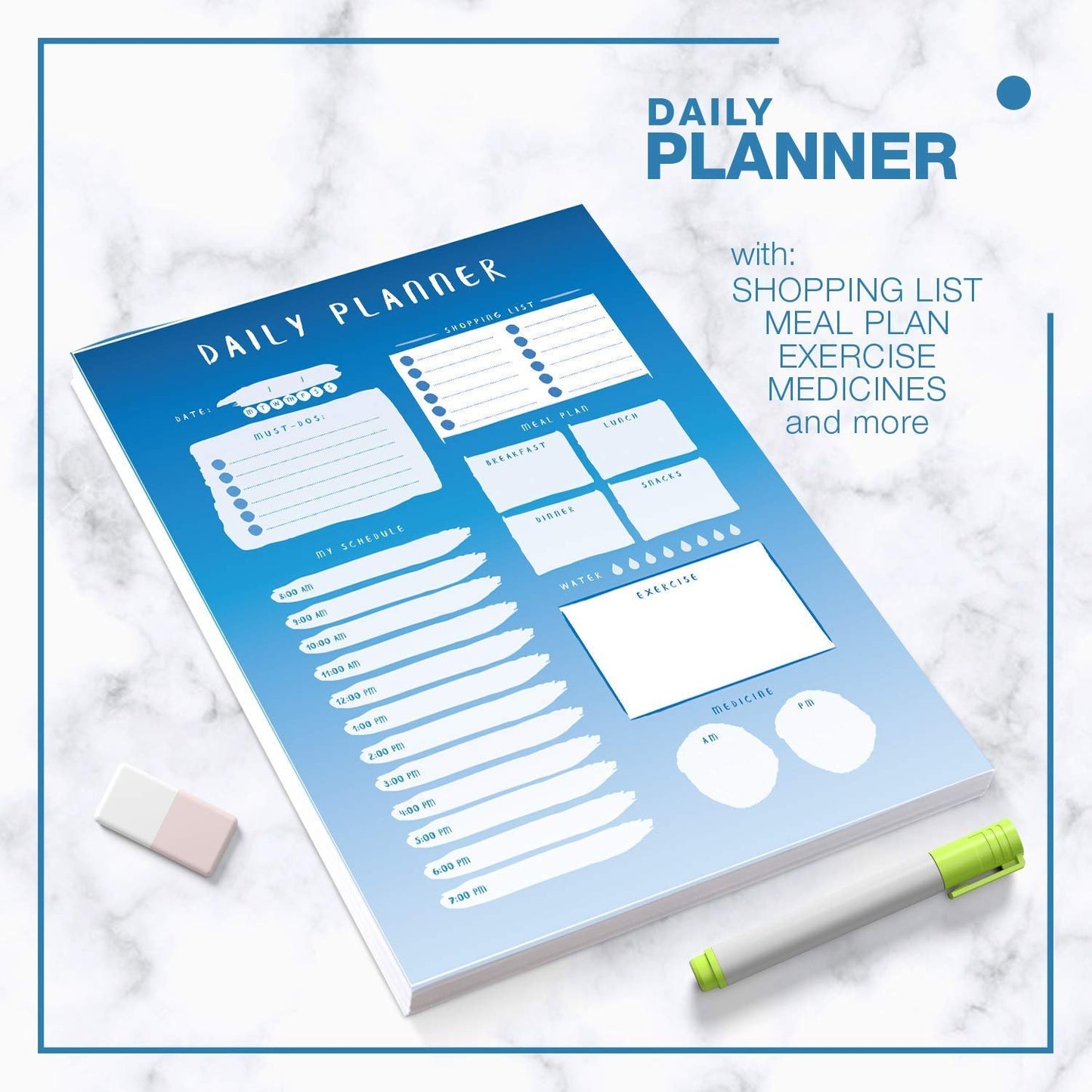 Daily Planner - 50 Sheets of 8.5 x 11 Inches Undated Checklist Organizer Tear-Off Pads with Field Task Notes - for Home and Work Journal, Personal Goals, Day Scheduling and Planning to-Do List - Blue