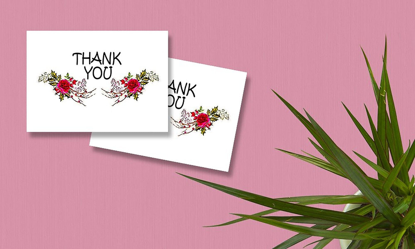 Thank You Cards Set - 4 x 7 Inches of 50 Amazing White Note Cards with Blank Greeting Space - Perfect for Business, Anniversary, Graduations, Weddings - Envelopes Included - Glowing Red Rose Design