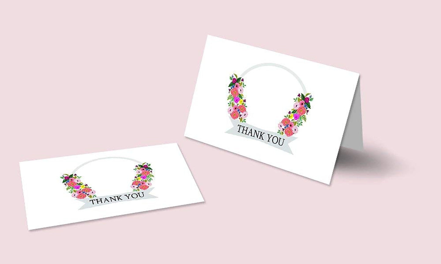 Thank You Cards with Envelopes - Perfect for Business, Anniversary, Graduation, Weddings etc - 4 x 7 Inches of 50 Amazing White Note Cards with Blank Greeting Space - Assorted Vibrant Floral Design