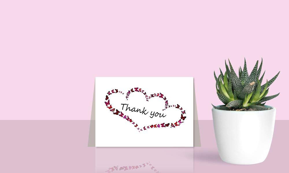 Thank You Cards Set - Perfect Gift for Anniversary, Graduations, Weddings - 50 Amazing 4x7 Inches of White Note Cards with Blank Greeting Space - Envelopes Included - Classic Dark Pink Roses Design