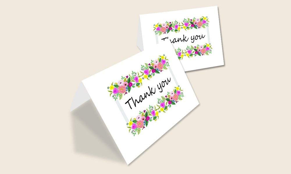 Thank You Cards Set - Perfect for Business, Anniversary, Graduations, Weddings - 4 x 7 Inches of 50 Amazing White Note Cards with Blank Greeting Space and Envelopes - Exquisite Vibrant Floral Design