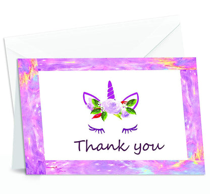 Unicorn Thank You Cards - 4x7 Inches of 50 Purple and Pink Unicorn Design Blank Card Notes with Envelopes - Perfect for Kids and Birthday Parties, Write Happy Gift-Notes for Baby, Graduation, Weddings