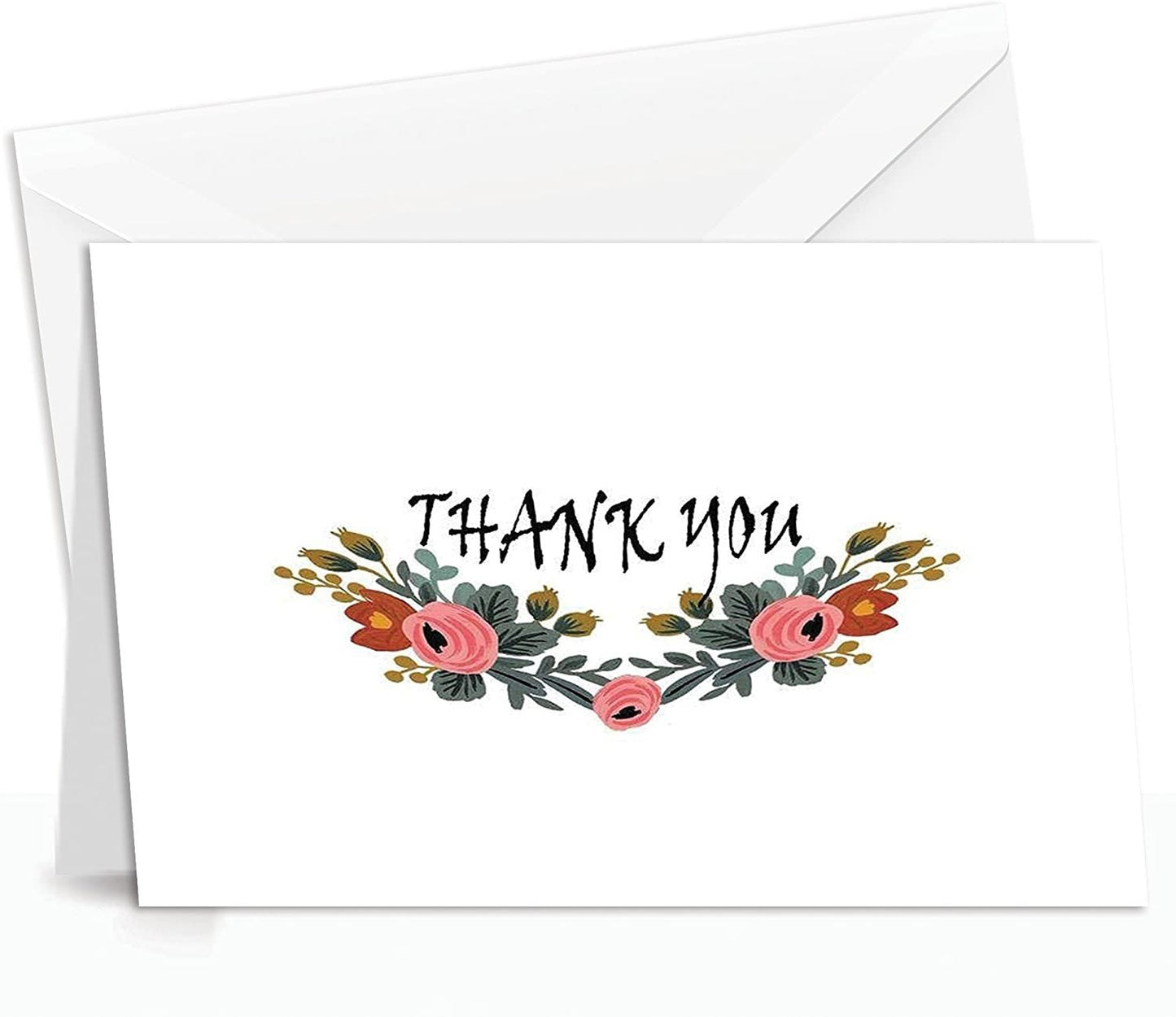 Thank You Cards with Envelopes - Perfect for Business, Anniversary, Graduation, Weddings - 4 x 7 Inches of 50 Amazing White Note Cards with Blank Greeting Space - Beautiful Classy Floral Design