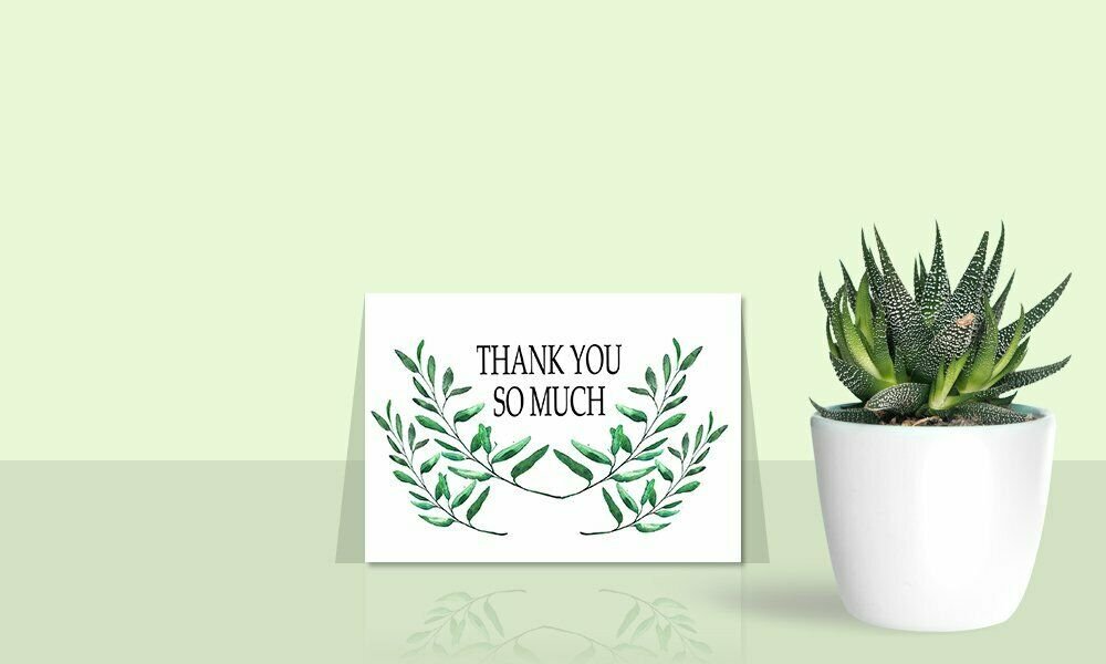 Thank You Cards with Envelopes - 50 Sets of 4x7 Inches Amazing White Blank Note Cards - Perfect for Invitation Letter, Greetings, Announcements for Business, Anniversary etc - Curve-Shaped Leaf Design