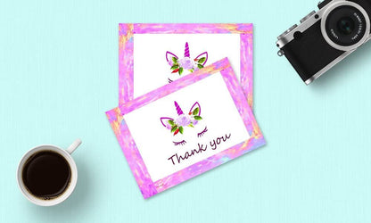 Unicorn Thank You Cards - 4x7 Inches of 50 Purple and Pink Unicorn Design Blank Card Notes with Envelopes - Perfect for Kids and Birthday Parties, Write Happy Gift-Notes for Baby, Graduation, Weddings