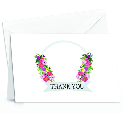 Thank You Cards with Envelopes - Perfect for Business, Anniversary, Graduation, Weddings etc - 4 x 7 Inches of 50 Amazing White Note Cards with Blank Greeting Space - Assorted Vibrant Floral Design