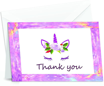 Unicorn Thank You Cards - 4x7 Inches of 50 Purple and Pink Unicorn Design Blank Card Notes with Envelopes - Perfect for Kids and Birthday Parties, Write Happy Gift-Notes for Baby, Graduation, Weddings