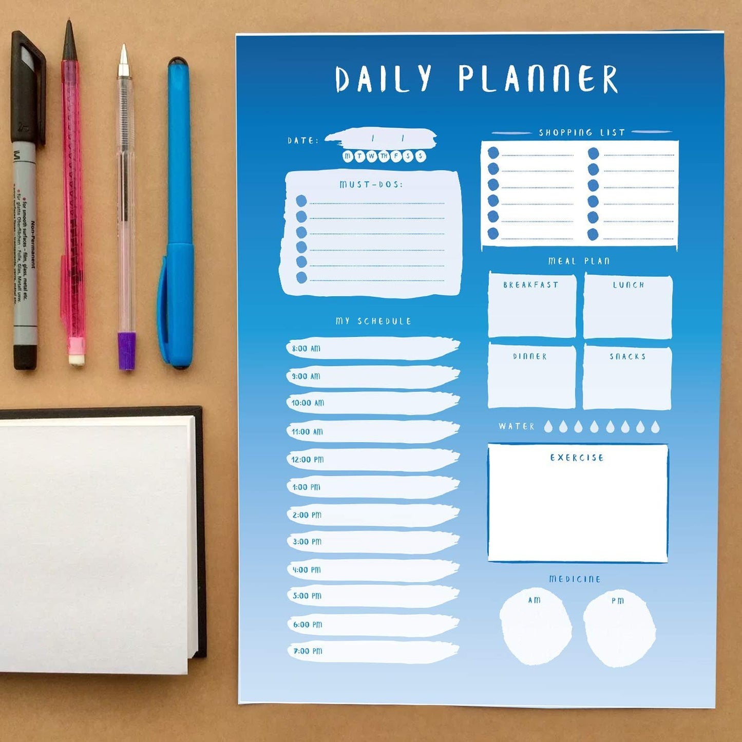 Daily Planner - 50 Sheets of 8.5 x 11 Inches Undated Checklist Organizer Tear-Off Pads with Field Task Notes - for Home and Work Journal, Personal Goals, Day Scheduling and Planning to-Do List - Blue