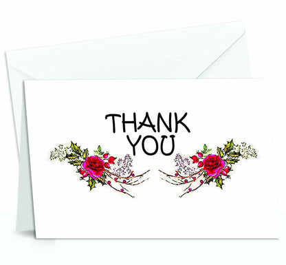 Thank You Cards Set - 4 x 7 Inches of 50 Amazing White Note Cards with Blank Greeting Space - Perfect for Business, Anniversary, Graduations, Weddings - Envelopes Included - Glowing Red Rose Design