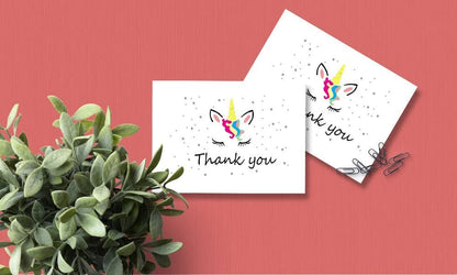 Unicorn Thank You Cards - 4x7 Inches of 50 Blank Card Notes with Envelopes - Perfect for Gift-Greeting Cards for Kids and Birthday Party, Baby Shower, Graduation, Wedding - Yellow Unicorn Horn Design