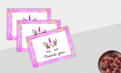 Unicorn Thank You Cards - 4x7 Inches of 50 Purple and Pink Unicorn Design Blank Card Notes with Envelopes - Perfect for Kids and Birthday Parties, Write Happy Gift-Notes for Baby, Graduation, Weddings