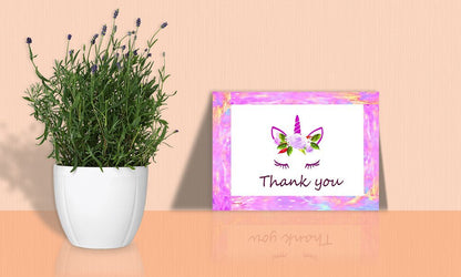 Unicorn Thank You Cards - 4x7 Inches of 50 Purple and Pink Unicorn Design Blank Card Notes with Envelopes - Perfect for Kids and Birthday Parties, Write Happy Gift-Notes for Baby, Graduation, Weddings