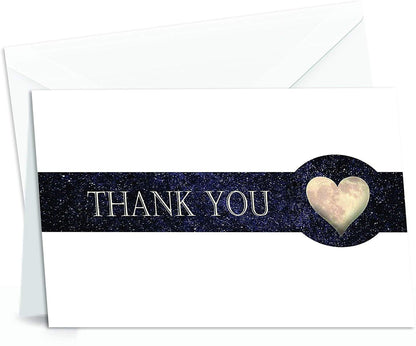 Thank You Cards with Envelopes - 4x7 Inches of 50 Amazing White Note Cards with Blank Greeting Space - Perfect for Business, Anniversary, Graduation, Weddings - Night Stellar and Heart-Shaped Moon