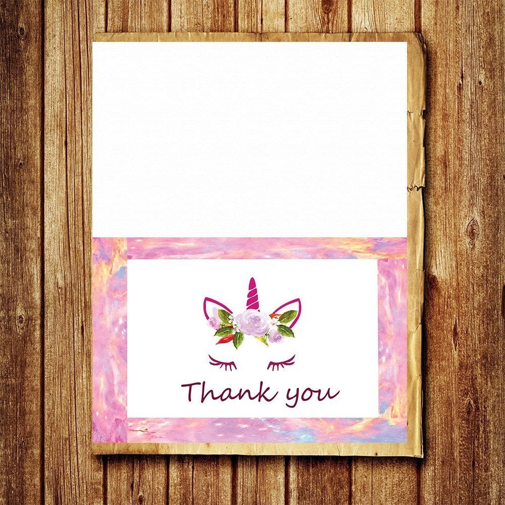 Unicorn Thank You Cards - 4x7 Inches of 50 Purple and Pink Unicorn Design Blank Card Notes with Envelopes - Perfect for Kids and Birthday Parties, Write Happy Gift-Notes for Baby, Graduation, Weddings