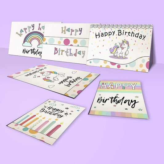 Happy Birthday Greeting Cards - 4x7 Inches of 6 Assorted Pastel-Color Design with Envelopes - Perfect for Birthday Gift and Party Invitations for Girls, Boys, etc- Bulk Set 48 Half-Folded Card Set