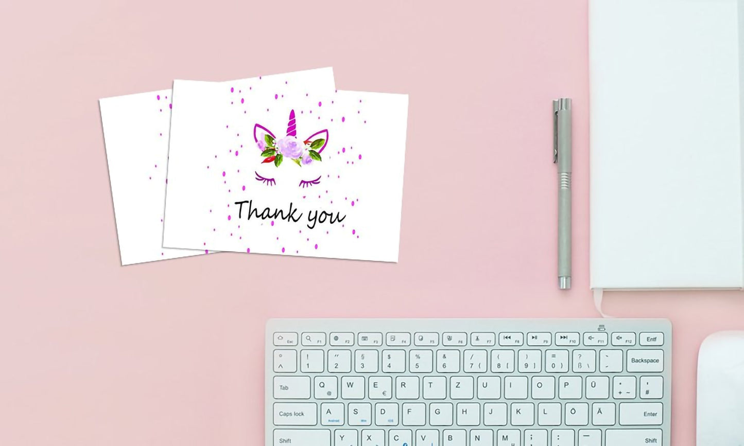 Unicorn Thank You Cards - 4 x 7 Inches of 50 Blank Note Cards with Envelopes - Perfect for Kids and Birthday Parties, Write Happy Gift Notes for Baby, Graduation, Wedding - Magical Pink Unicorn Design